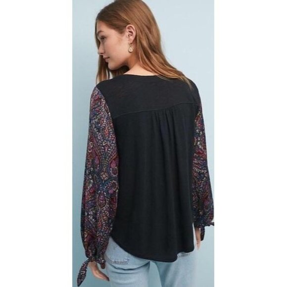 ANTHROPOLOGIE AKEMI + KIN MAYBELLE SILKY TIE PRINT SLEEVE TOP - XL - Picture 2 of 7